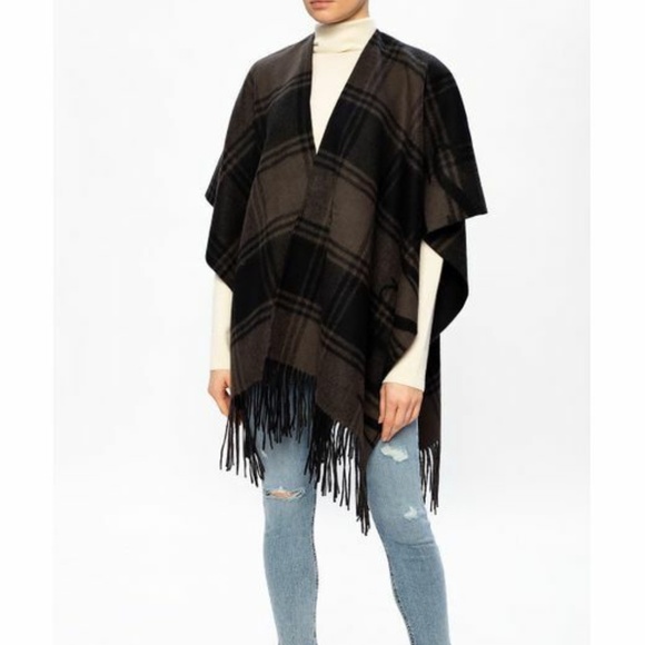 All Saints Accessories - Allsaints Plaid Yarn Dye Phoenix Ruana 100% Wool Scarf Dark Olive Black AS Print